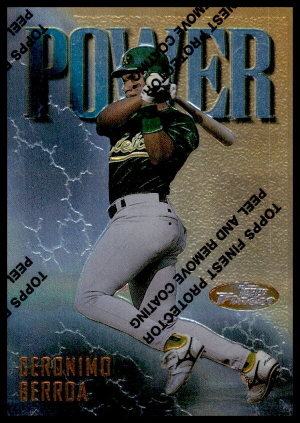 Geronimo Berroa 1997 Topps Finest baseball card #189, action shot in uniform.