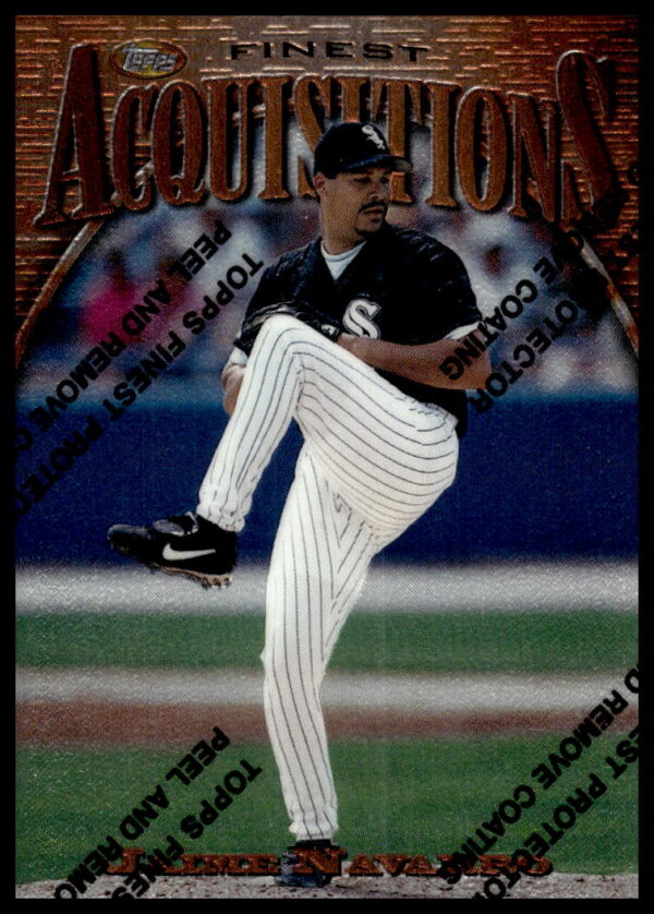 Front image of 1997 Topps Finest baseball card featuring Jaime Navarro in pitching stance.