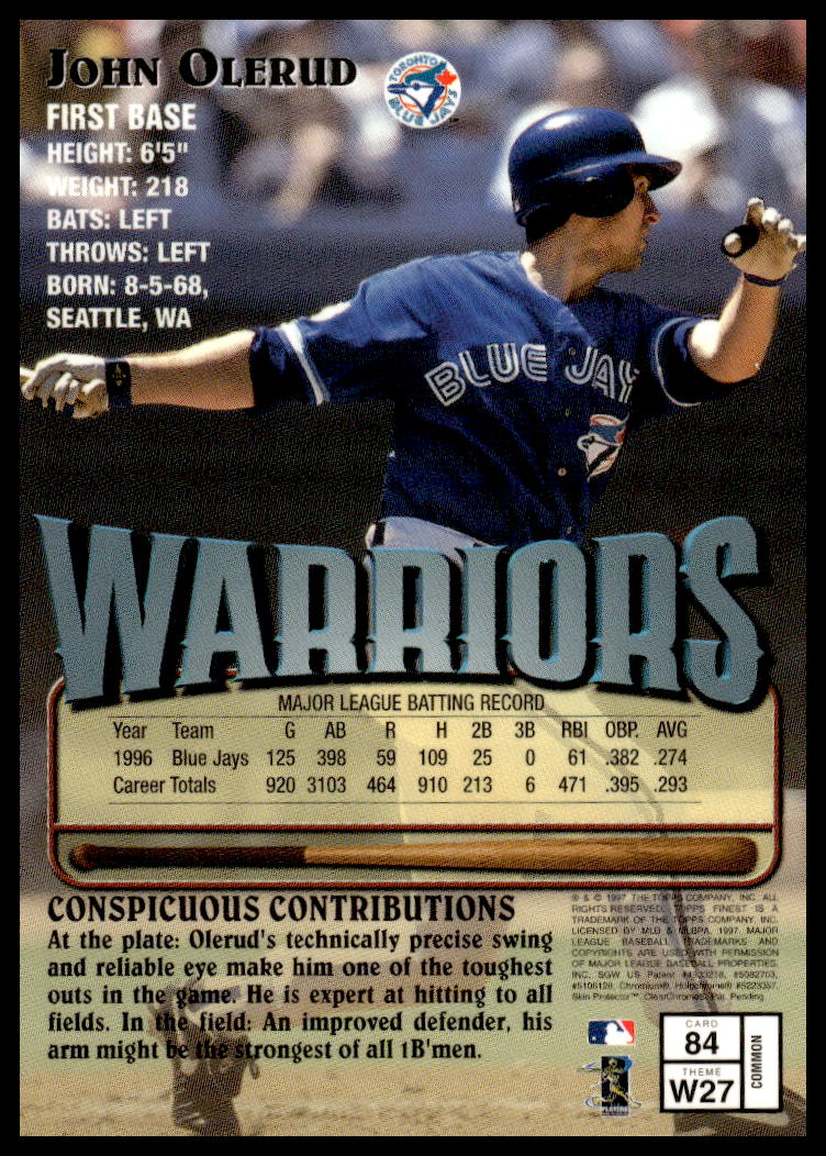 Back of 1997 Topps Finest John Olerud card with stats and career highlights.