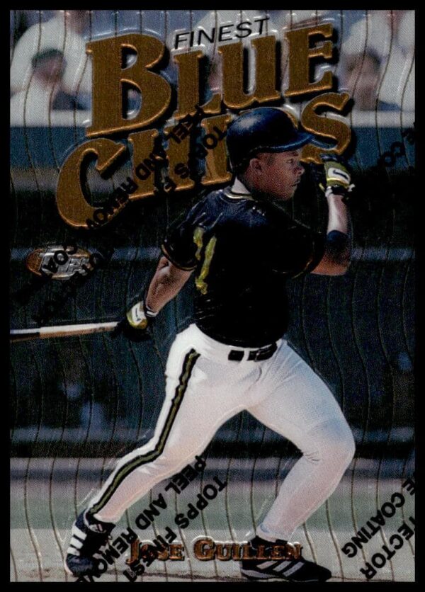 Front view of 1997 Topps Finest Jose Guillen baseball card #182, vibrant 90s design.
