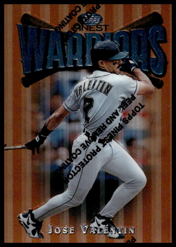 Front view of 1997 Topps Finest Jose Valentin #42, Milwaukee Brewers, action pose.