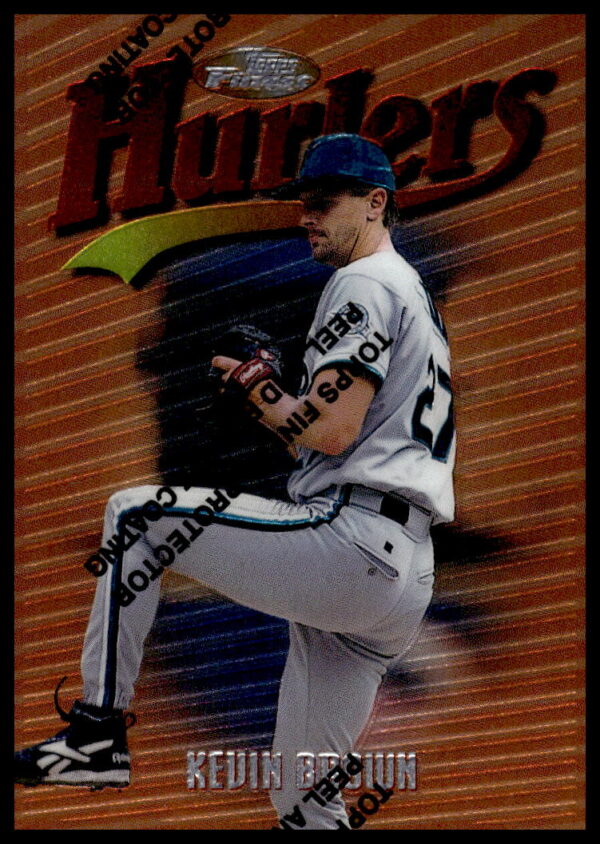 Front view of 1997 Topps Finest Kevin Brown #25 baseball card, featuring pitcher in action.