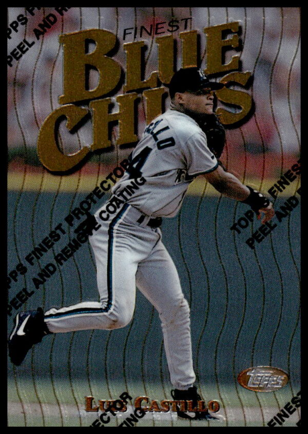 Luis Castillo 1997 Topps Finest baseball card #46, front view, vibrant metallic design.