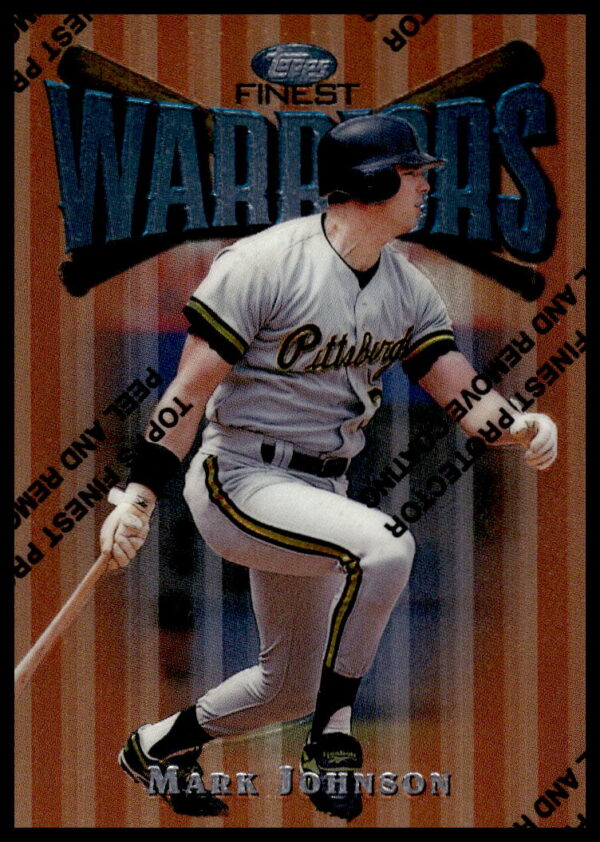 Mark Johnson 1997 Topps Finest Baseball Card #9, action pose, glossy metallic design.