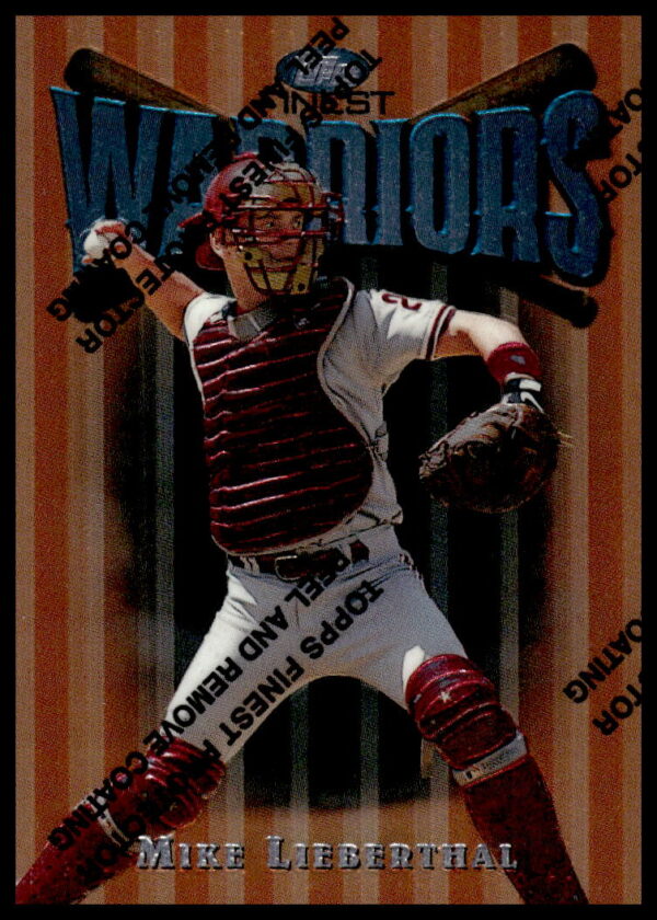 1997 Topps Finest baseball card, Mike Lieberthal #82, Phillies catcher, vivid imagery.