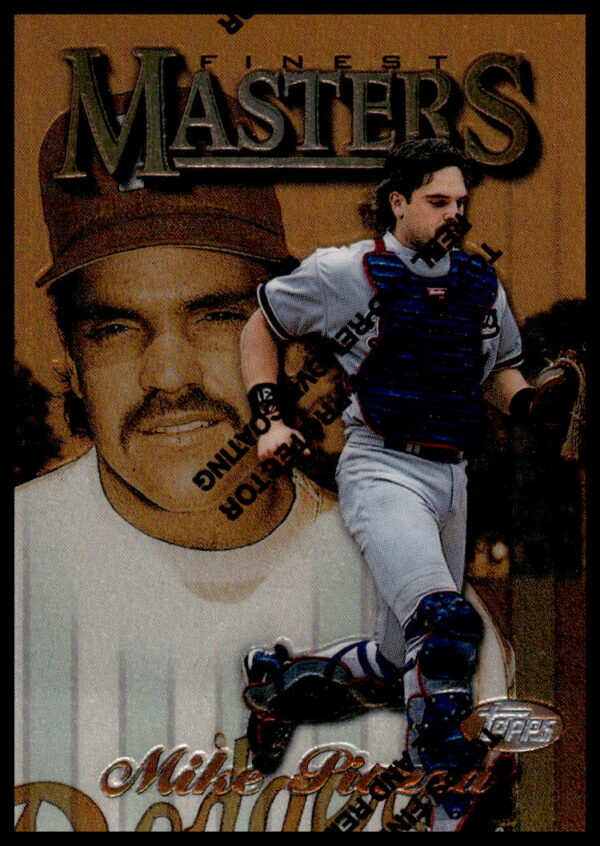 1997 Topps Finest Mike Piazza Baseball Card #50 Front; Dodgers Catcher in Action.