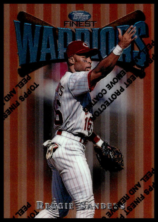 1997 Topps Finest Reggie Sanders card, Cincinnati Reds, #14, mid-swing, premium glossy finish.
