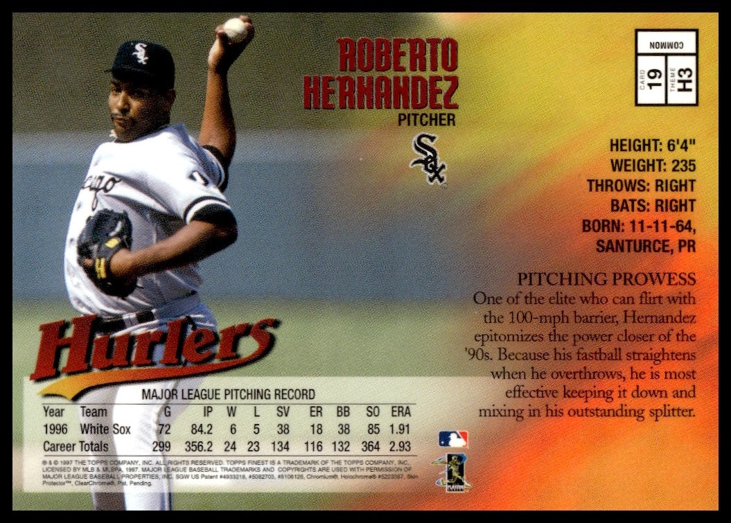 Back of 1997 Topps Finest Roberto Hernandez #19 card with stats and career details.