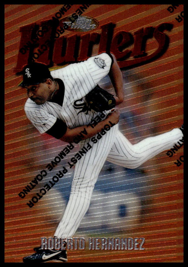 1997 Topps Finest Roberto Hernandez baseball card showcasing vibrant colors and Hernandez mid-pitch.