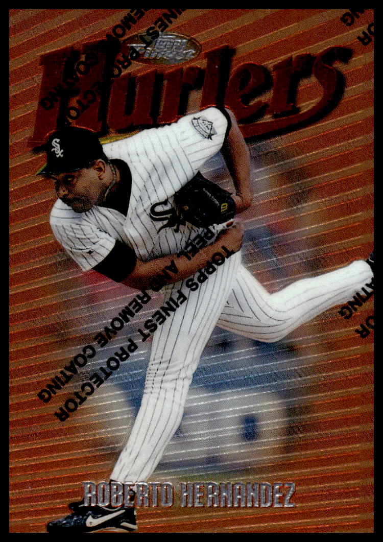 1997 Topps Finest Roberto Hernandez baseball card showcasing vibrant colors and Hernandez mid-pitch.