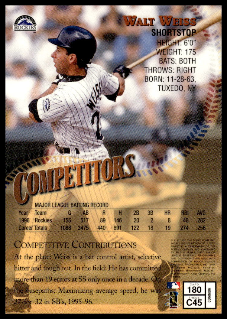 Back of 1997 Topps Finest Walt Weiss #180 card with stats and team info.
