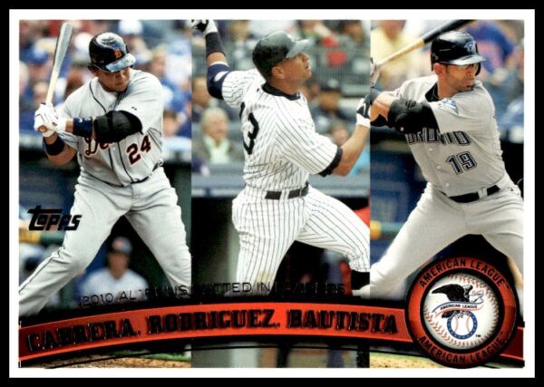 2011 Topps card showcasing 2010 AL RBI leaders: Cabrera, Rodriguez, Bautista, #306.