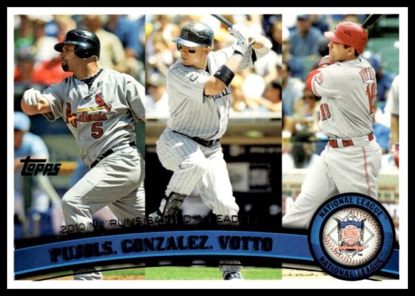 2011 Topps card of 2010 NL RBI leaders: Pujols, Gonzalez, Votto.