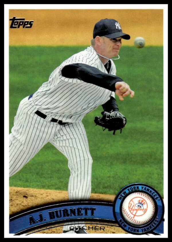 A.J. Burnett 2011 Topps baseball card, Yankees pitcher in action, card #492.