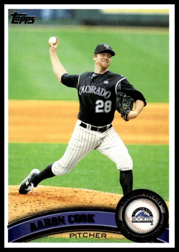 Aaron Cook 2011 Topps Baseball Card #230, Colorado Rockies Pitcher, Mid-Pitch Action Shot.