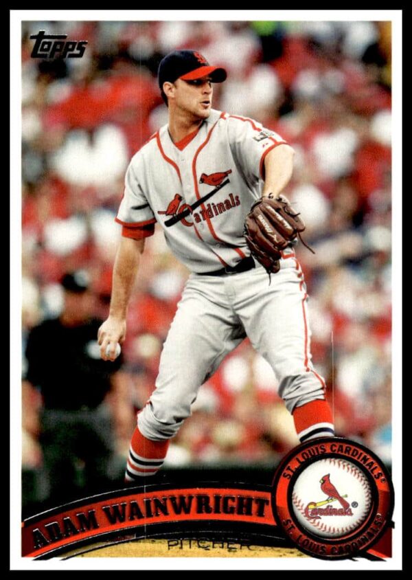 Adam Wainwright pitching 2011 Topps Card #645, St. Louis Cardinals, focused athleticism.