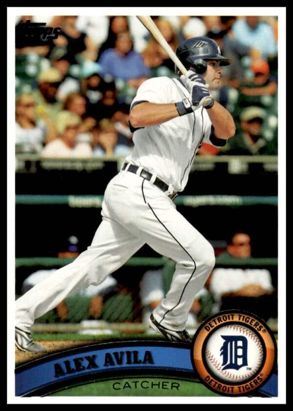 Alex Avila 2011 Topps card #497, Detroit Tigers catcher in action, front view.