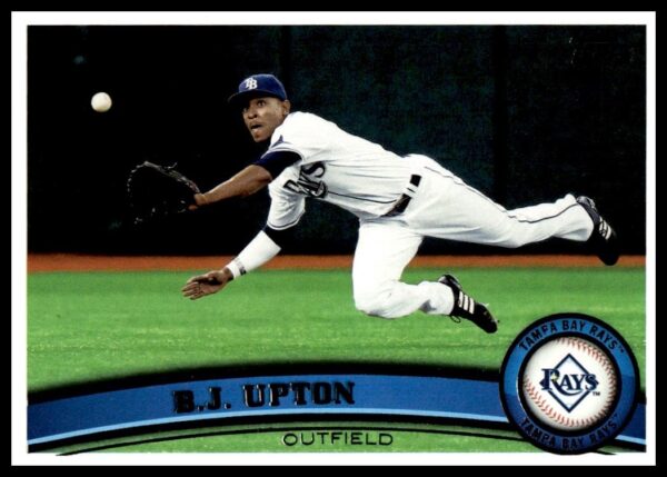 B.J. Upton 2011 Topps Baseball Card #556, dynamic action pose, Tampa Bay Rays.