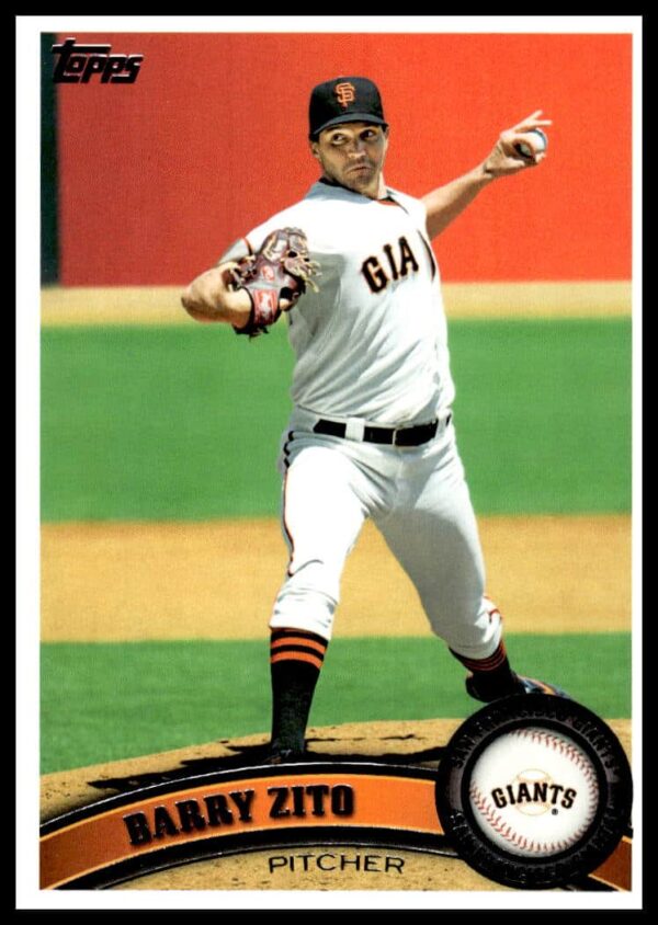 Barry Zito 2011 Topps Baseball Card #22, San Francisco Giants pitcher in action.
