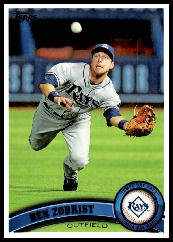 Ben Zobrist 2011 Topps Baseball Card #27, Tampa Bay Rays, dynamic action shot.