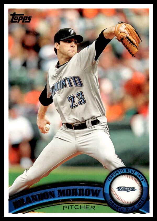 2011 Topps baseball card of Brandon Morrow, Toronto Blue Jays pitcher, showcasing dynamic pitching action.