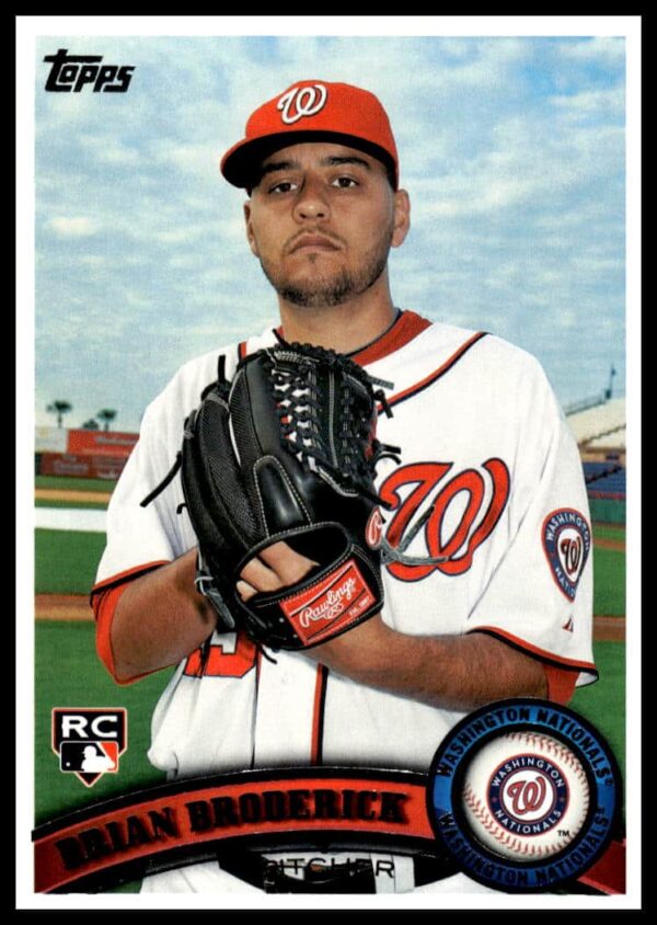 Front view of 2011 Topps Brian Broderick baseball card, #368, featuring him pitching.
