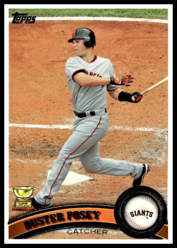 Buster Posey 2011 Topps card #198 featuring Giants catcher in action.