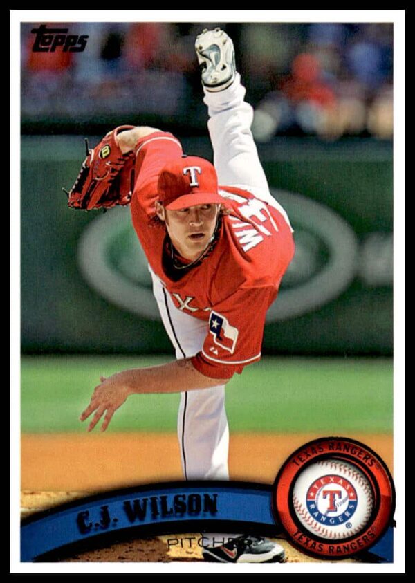 C.J. Wilson 2011 Topps Baseball Card #323, featuring Texas Rangers pitcher in action.