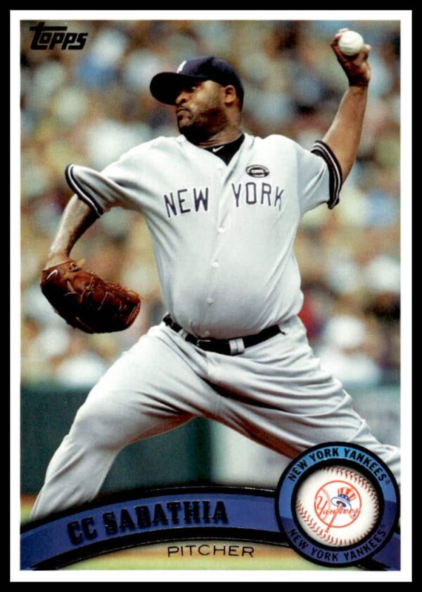 2011 Topps CC Sabathia Baseball Card #102 in Yankees Uniform, Pitching Action Shot