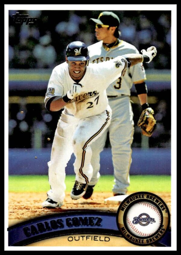 Dynamic Carlos Gomez on 2011 Topps Card #97 – Action-packed front view.