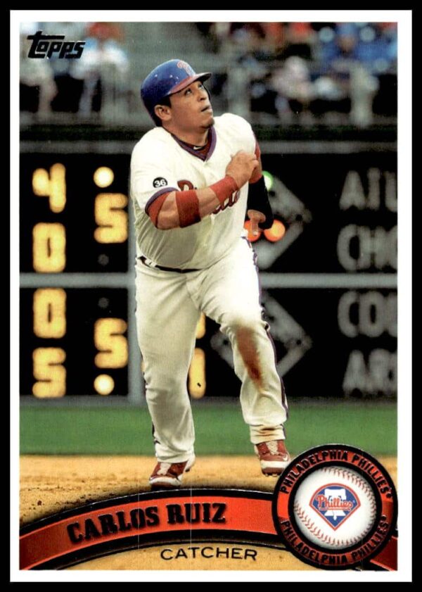 Carlos Ruiz 2011 Topps Baseball Card #219, Phillies catcher in action.
