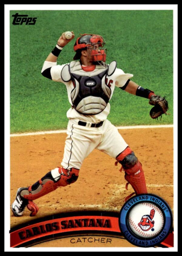 Carlos Santana 2011 Topps Baseball Card #209, Cleveland Indians, action pose with bat.