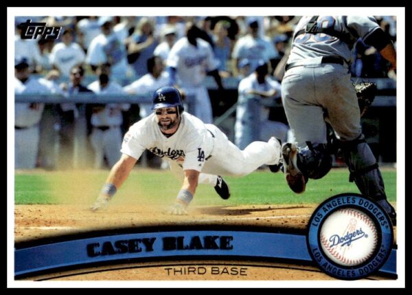 Casey Blake 2011 Topps Baseball Card, #158, featuring dynamic action pose (Front).
