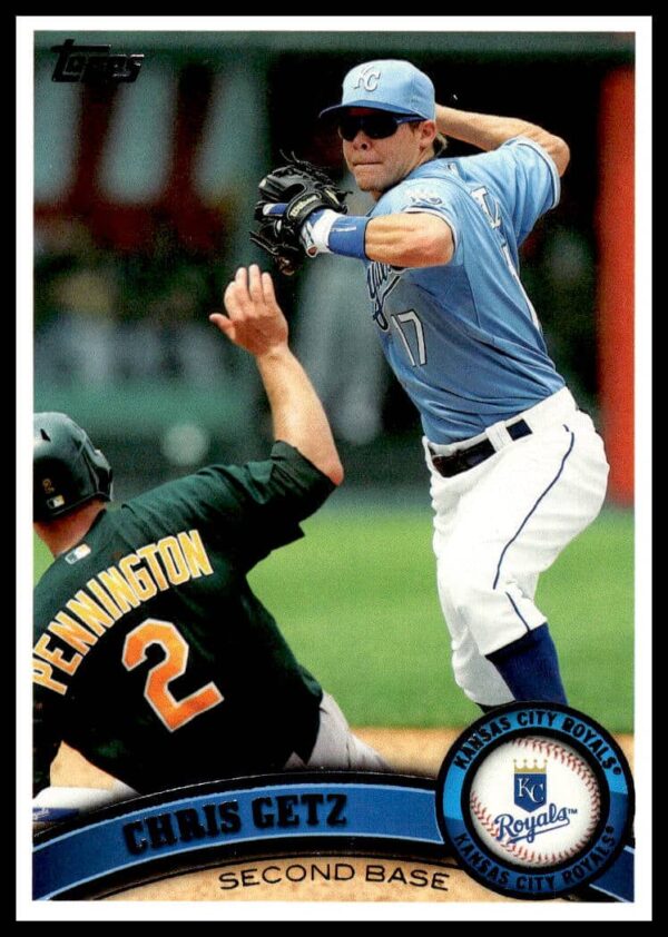 2011 Topps #654 Chris Getz Kansas City Royals Baseball Card Front Action Shot.