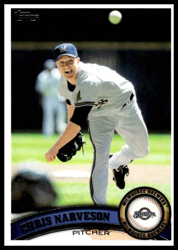 2011 Topps Chris Narveson baseball card #92, Milwaukee Brewers pitcher, action shot.