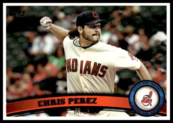 Chris Perez 2011 Topps Baseball Card #159, Cleveland Indians pitcher mid-pitch.