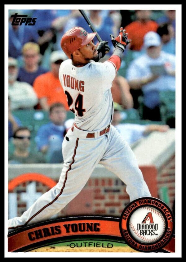 Chris Young baseball card, 2011 Topps #316, Arizona Diamondbacks, action shot, fielding.