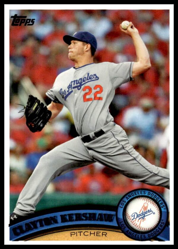 Clayton Kershaw 2011 Topps card, Dodgers pitcher mid-pitch, card number 275.