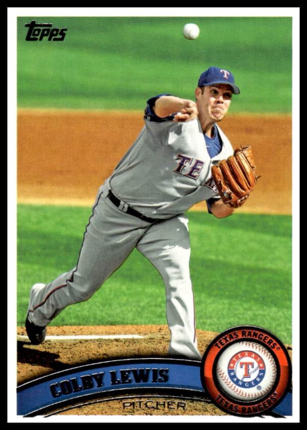 Colby Lewis pitching, 2011 Topps baseball card #352, Texas Rangers player.