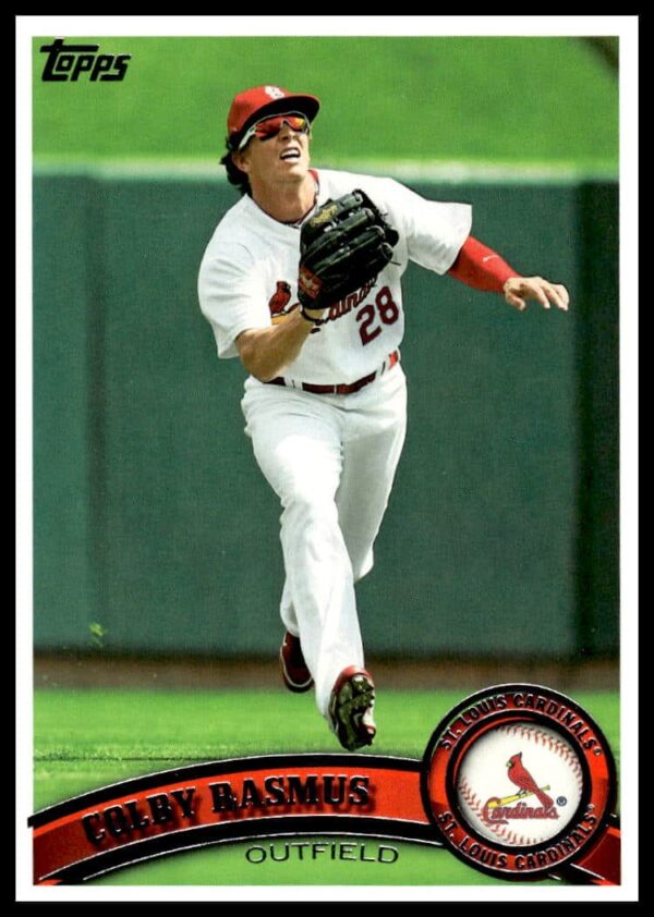 Colby Rasmus 2011 Topps Card #448 Front - Dynamic Baseball Swing Image