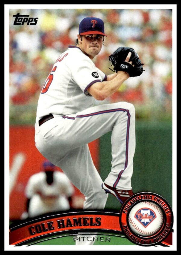 Cole Hamels 2011 Topps #460 baseball card, Philadelphia Phillies pitcher mid-pitch, dynamic backdrop.