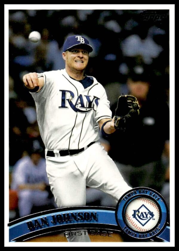 Dan Johnson 2011 Topps Baseball Card #585, Tampa Bay Rays, in-action swing.