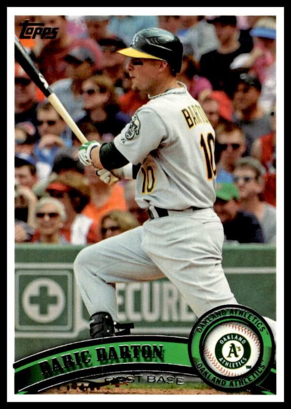 Daric Barton 2011 Topps baseball card, Oakland Athletics, card #462, showcasing athletic action.