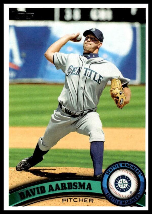 David Aardsma 2011 Topps card #149, Seattle Mariners uniform, mid-pitch action shot.