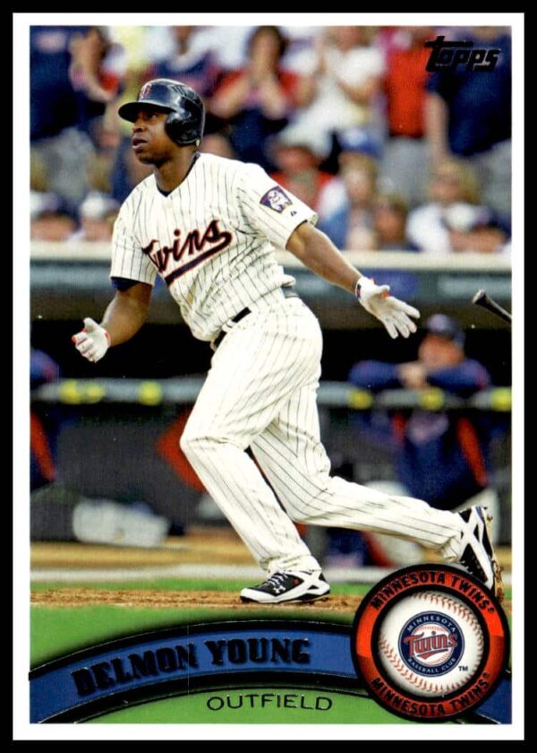 Delmon Young 2011 Topps Baseball Card #485 Front - Mid-Swing Action in Stadium.