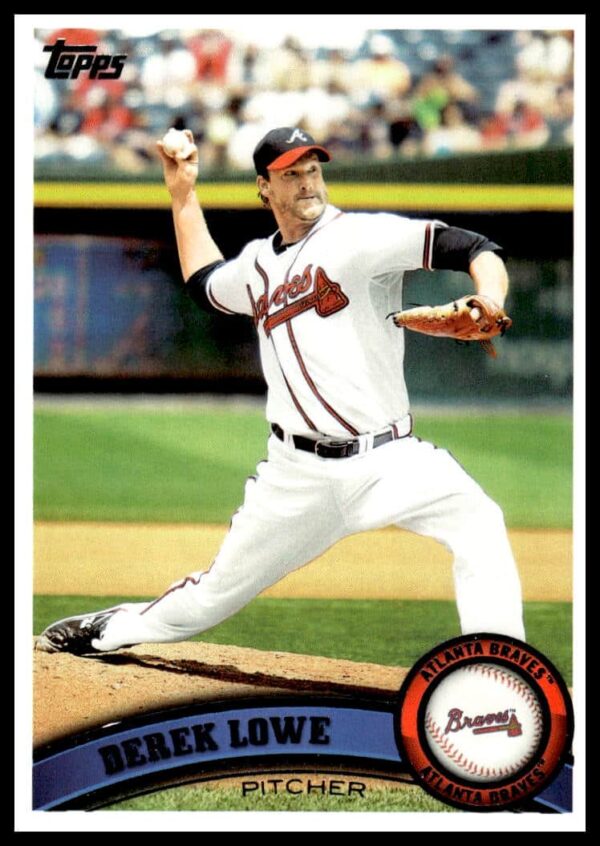 2011 Topps Derek Lowe Baseball Card #19, Atlanta Braves Pitcher Mid-Pitch.