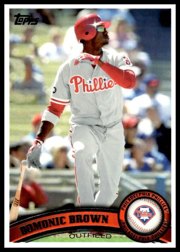 Domonic Brown 2011 Topps #421 card featuring Phillies uniform and action shot.