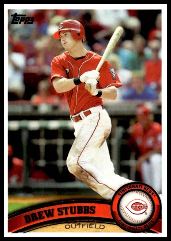 2011 Topps Baseball Card Drew Stubbs #349, Cincinnati Reds Outfielder in Action.