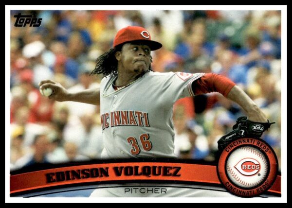 2011 Topps Edinson Volquez Baseball Card #63, featuring dynamic pitching stance and team details.