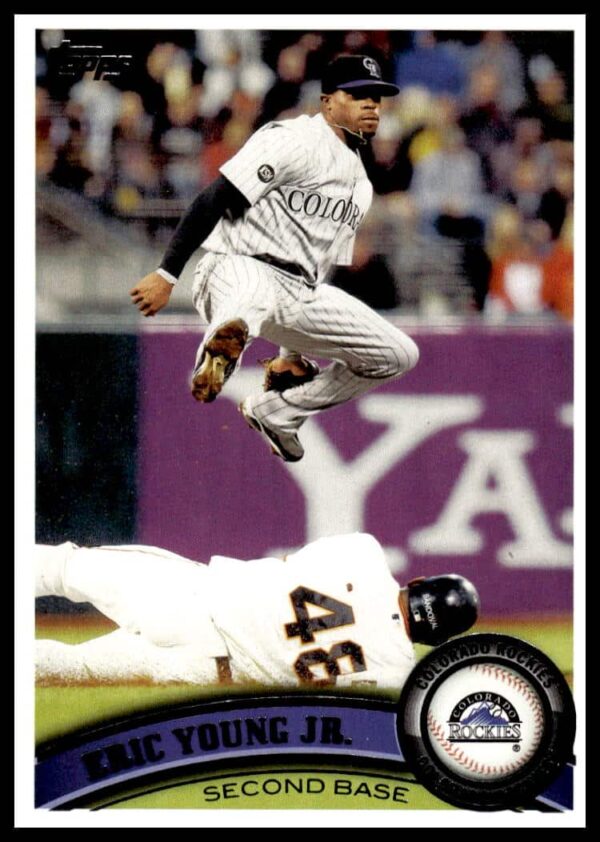 2011 Topps Eric Young Jr. Baseball Card #139 featuring Colorado Rockies player in action.